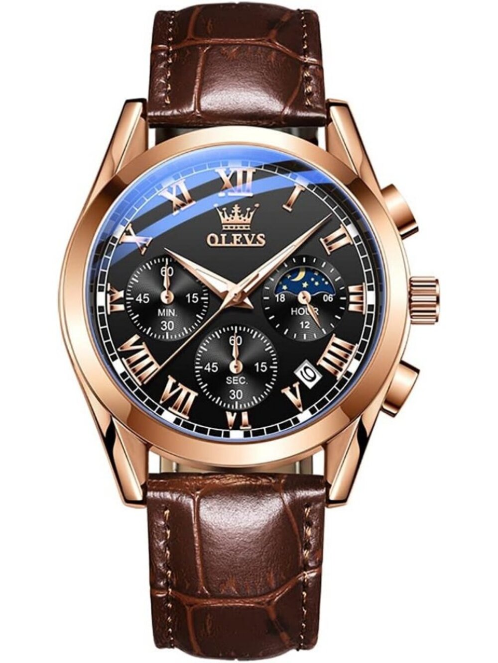 Olevs Mens Rose Gold and Black Analog Leather Large Face Date Luxury Wrist Watch
